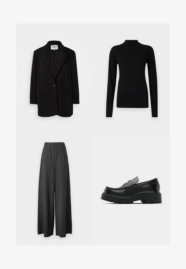 Blazer negro hecho de una tela suave, con solapas de muesca, cierre de un botón, dos bolsillos frontales y un corte ajustado.; Jersey negro ajustado de cuello alto y manga larga con puños y bajo acanalados sobre un fondo gris claro.; Pantalones de pierna ancha negros, confeccionados con una tela suave, que presentan una cintura alta y un diseño plisado para añadir textura y dimensión.; Mocasines de cuero negro con suela gruesa y texturizada, que presentan una correa sobre el empeine y un acabado suave y pulido.