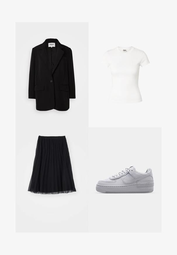 Blazer negro hecho de una tela suave, con solapas de muesca, cierre de un botón, dos bolsillos frontales y un corte ajustado.; Camiseta blanca ajustada de manga corta y cuello redondo con etiqueta Urban Classics en el interior del cuello.; Falda plisada negra de tela transparente, con cintura elástica. Su diseño fluido se extiende hasta la mitad de la pantorrilla, mostrando pliegues verticales.; Zapatilla Nike Air Force 1 gris con puntera perforada, parte superior de cuero suave, suela gruesa y detalle en relieve 'AIR' en el talón.