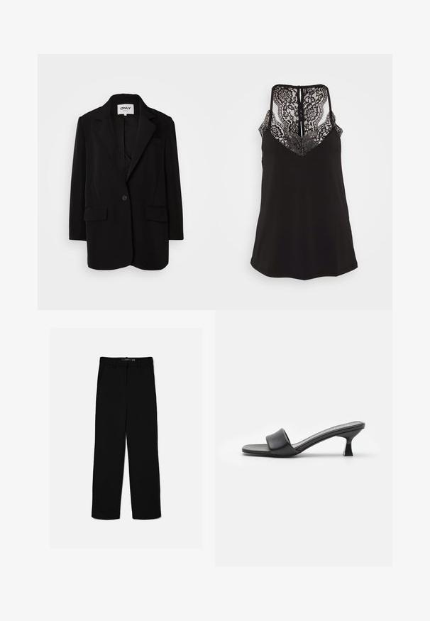 Blazer negro hecho de una tela suave, con solapas de muesca, cierre de un botón, dos bolsillos frontales y un corte ajustado.; Camiseta negra de tirantes con detalles de encaje en el escote en V y la espalda. Presenta tirantes ajustables y una textura de tela suave. Corte regular.; Pantalones negros de corte recto con trabillas, cremallera frontal y bolsillos laterales, colocados planos sobre un fondo claro.; Mules negros con tacón, de parte superior de cuero mate y suave, puntera abierta, banda ancha en el empeine y tacón cuadrado y delgado.