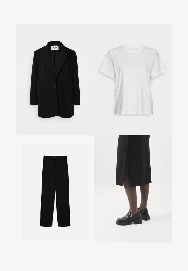 Blazer negro hecho de una tela suave, con solapas de muesca, cierre de un botón, dos bolsillos frontales y un corte ajustado.; Camiseta de algodón blanca con mangas cortas, cuello redondo y un ajuste relajado. Textura suave, sin estampados ni gráficos, diseño básico.; Pantalones negros de corte recto con trabillas, cremallera frontal y bolsillos laterales, colocados planos sobre un fondo claro.; Mujer con mocasines negros de tacón grueso, medias negras transparentes y una falda negra con una abertura trasera sobre un fondo blanco.