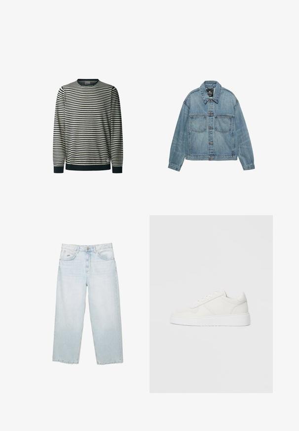 Lyseblå denimjakke med knaplukning foran, to brystlommer og klassisk krave. Slidt tekstur med en afslappet pasform.; Stribet langærmet sweater i creme og marineblå, rundhals, med vandrette striber, ribbede manchetter og kant, blød tekstur.; Lysblå højtaljede straight-leg jeans med frontknap, lommer og lille mærket metalmærke på den højre forlommer.; Hvide sneakers med en glat overflade, perforerede detaljer og en tyk hvid sål. Har en enkel snøring og en rund tådesign.