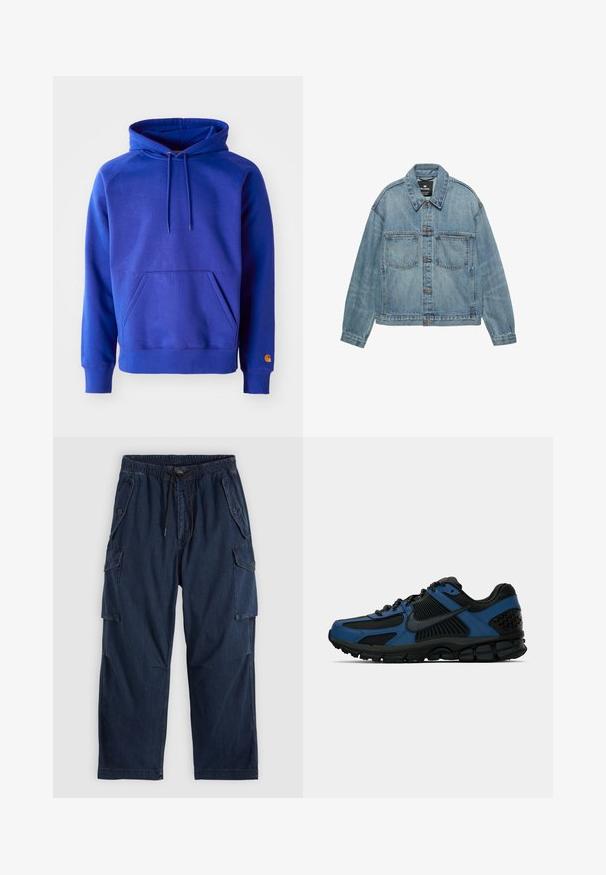 Lichtblauwe spijkerjasje met een knoopsluiting aan de voorkant, twee borstzakken en een klassieke kraag. Versleten textuur met een ontspannen pasvorm.; Blauwe katoenen hoodie met een ruime voorkant zak, een verstelbare capuchon met trekkoord en ribgebreide manchetten. Heeft een oranje logo op de onderkant van de mouw.; Donkerblauwe cargobroek van denim met een elastische taille en trekkoord. Voorzien van grote zijzakken en een losse pasvorm.; Zwarte en blauwe lage sportieve schoen met een gestructureerde zool, bovenwerk van mesh en synthetisch materiaal, en een zwarte Nike swoosh aan de zijkant.