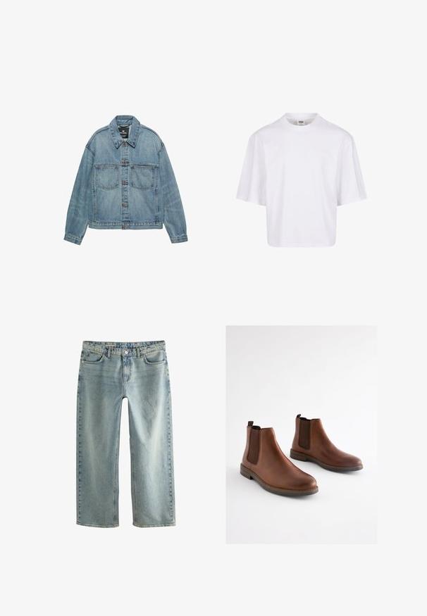 Veste en jean bleu clair avec fermeture boutonnée, deux poches poitrine et col classique. Texture usée avec une coupe décontractée.; T-shirt blanc à manches courtes avec un col rond et une coupe décontractée, fabriqué à partir d'un tissu en coton mélangé doux. Aucun motif ni embellissement.; Un jean baggy en denim bleu clair présente une coupe droite, un design à cinq poches et une fermeture à bouton visible.; Bottes basses en cuir marron avec des panneaux élastiques sur les côtés, un bout arrondi et un talon empilé. Texture lisse avec des accents marron contrastants.