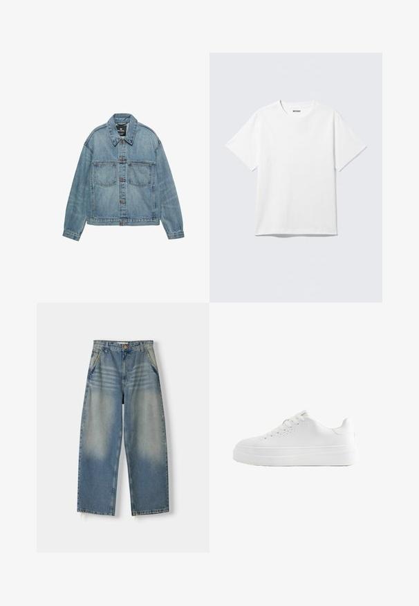 Hellblaue Jeansjacke mit Knopfleiste, zwei Brusttaschen und klassischem Kragen. Verwaschene Optik mit lockerem Schnitt.; Weißes T-Shirt mit kurzen Ärmeln und Rundhalsausschnitt, flach liegend, schlichtes Design, mit „WEEKDAY“-Etikett innen im Kragen auf hellem Hintergrund.; Hellblaue Denim-Jeans im weit geschnittenen Stil mit einem ausgewaschenen Finish, Fünf-Taschen-Design und rohem Saum. Mit einem Knopf- und Reißverschluss vorne.; Weißer Sneaker mit niedrigem Schnitt, dicker Sohle, Schnürung vorne und kleinen Belüftungslöchern an der Seite, seitlich abgebildet.