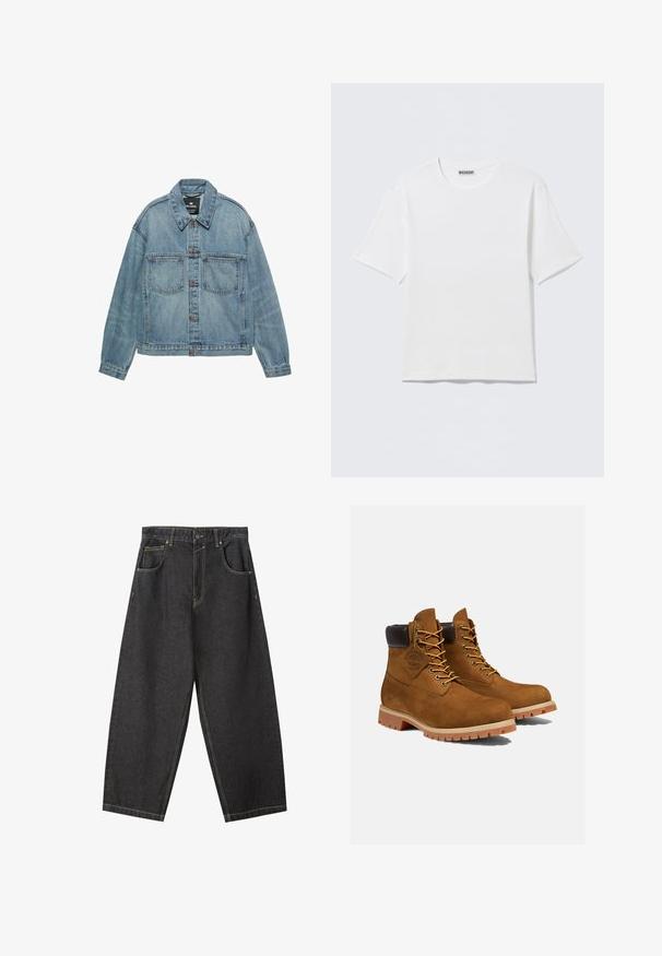 Hellblaue Jeansjacke mit Knopfleiste, zwei Brusttaschen und klassischem Kragen. Verwaschene Optik mit lockerem Schnitt.; Schlichtes weißes T-Shirt mit kurzen Ärmeln und Rundhalsausschnitt, mit einem kleinen "WEEKDAY"-Etikett an der Innenseite des Rückenkragens, auf einer flachen Oberfläche liegend dargestellt.; Schwarze Denim-Hosen im Weitbein-Design mit gelben Nähten, fünf Taschen und einem mittelhohen Bund. Texturiertes Material mit glatter Oberfläche.; Braune Wildleder-Stiefeletten mit einem gepolsterten schwarzen Kragen, goldenen Ösen und einer dicken Gummisohle mit einem Rillenmuster für besseren Grip.