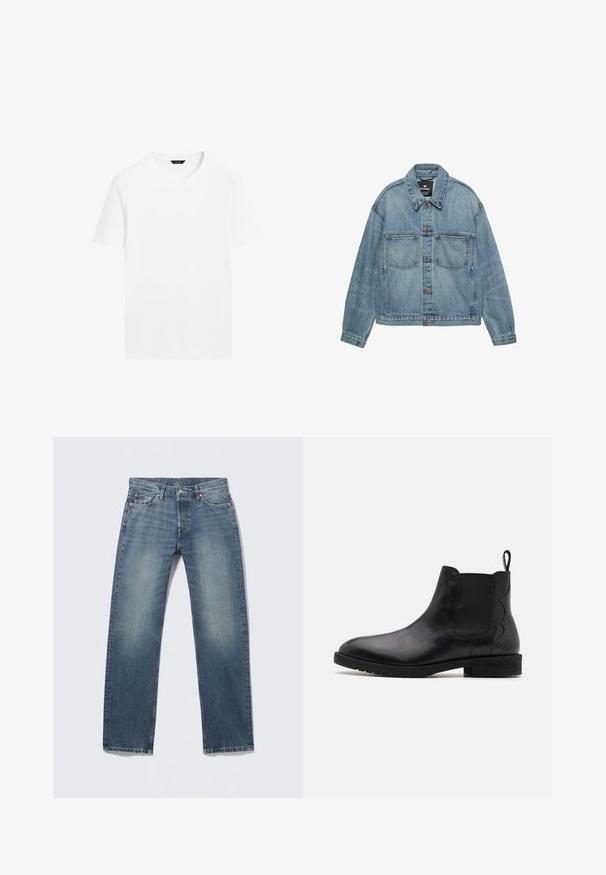 Veste en jean bleu clair avec fermeture boutonnée, deux poches poitrine et col classique. Texture usée avec une coupe décontractée.; T-shirt en coton blanc avec un col rond, des manches courtes et une coupe droite. Présente une texture lisse et légère, sans motifs visibles.; Jean en denim bleu, coupe droite, teinte moyenne avec zones délavées, cinq poches, rivets en cuivre et détails de couture contrastants.; Bottines Chelsea en cuir noir avec des panneaux latéraux élastiques, bout arrondi et un petit talon bloc. Dispose d'une languette à l'arrière pour un enfilage facile.