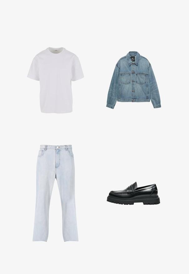 Lyseblå denimjakke med knaplukning foran, to brystlommer og klassisk krave. Slidt tekstur med en afslappet pasform.; Hvid T-shirt med korteærmer lavet af blødt bomuld, med rund halsudskæring og en afslappet pasform med lige kant. Ingen mønstre eller detaljer synlige.; Lyseblå jeans med lige ben, lukning med knap og lynlås foran samt fem-lomme design.; Sort læder-loafer med tyk rillede sål og penny remdetaljer, vist fra siden på hvid baggrund.