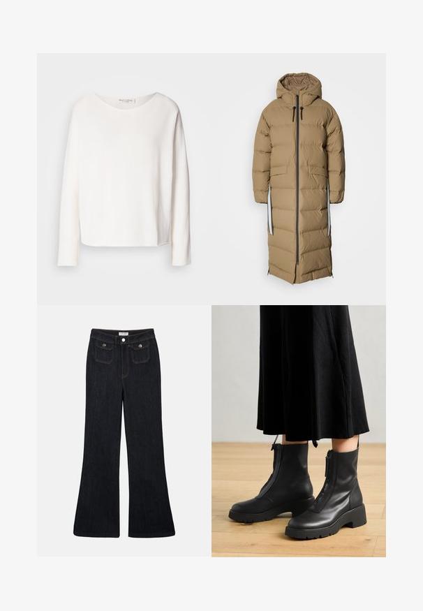 Manteau long en doudoune de couleur kaki avec une capuche. Il présente une fermeture éclair à l'avant, des poches latérales et des accents gris contrastants le long de la fermeture éclair et des côtés.; Top à manches longues et col rond en tissu blanc doux et léger avec une coupe décontractée. Doté d'un ourlet net et sans fixation visible.; Jeans en denim foncé évasés avec une taille haute, deux poches avant et des coutures orange. Le matériau semble robuste et lisse.; Bottines en cuir noir avec une semelle plateforme épaisse et une fermeture éclair à l'avant. Texture lisse avec un design minimaliste.