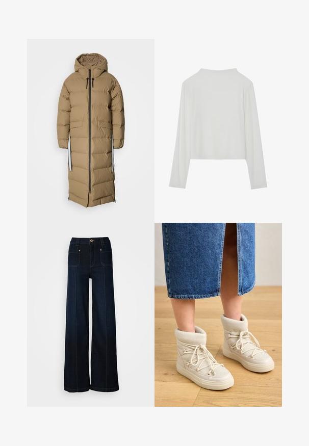 Langer Puffer-Mantel in Khaki mit Kapuze. Verfügt über einen Reißverschluss vorne, Seitentaschen und kontrastierende graue Akzente entlang des Reißverschlusses und der Seiten.; Weißes langärmliges Croptop aus geripptem Stoff. Es hat einen runden Halsausschnitt und einen lässigen Schnitt mit weicher, glatter Textur.; Weite, dunkelblaue Jeans mit weitem Bein. Verfügt über Fronttaschen, goldenes Zubehör und Kontrastnähte. Glatte Textur mit einem lässigen Design.; Beige Knöchelstiefel mit einem weichen, gestrickten Schaft und weißen Schnürsenkeln. Die Sohle ist dick und strukturiert, kombiniert mit einem blauen Jeansrock.