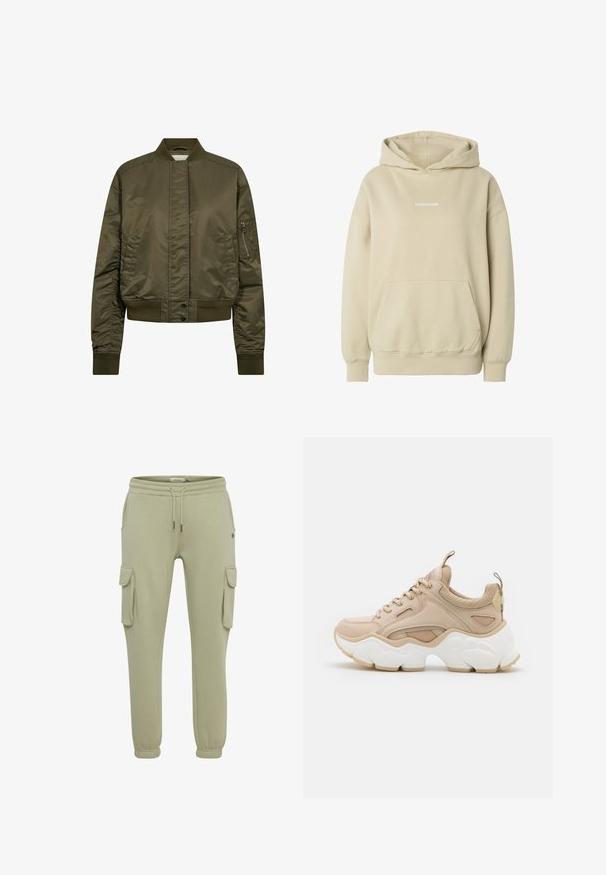 Olijfgroene bomberjack van gladde stof, voorzien van een ritssluiting op de mouwzak, zijzakken, geribde boorden en een opstaande kraag.; Beige hoodie met een kangoeroezak aan de voorkant, geribbelde manchetten en zoom, en een klein wit "PEBAGOR" logo in het midden van de borst.; Lichtgroene cargobroeken van zacht stof, met zijzakken, elastische manchetten en een koordje in de taille voor een verstelbare pasvorm.; Beige sneaker met een combinatie van gladde en gestructureerde materialen, een chunky witte zool en mesh accenten voor ademend vermogen.