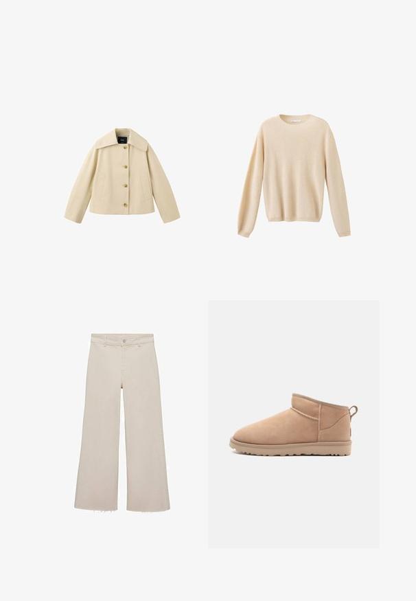 Beige kort jakke med bred krave, fire knapper foran og to sidelommer, vist på hvid baggrund.; Beige langærmet striktrøje med ribstrikkede manchetter og kant, rund halsudskæring og blød tekstur vist på en ensfarvet hvid baggrund.; Beige brede jeans med høj talje, lavet af denimstof. Har en rå kant forneden samt en frontknap og lynlås lukning.; Brune ruskindsankelstøvle med en rund tå, blød tekstur, enkelt design og en lavprofil gummisål. Har en trækrem bagpå.