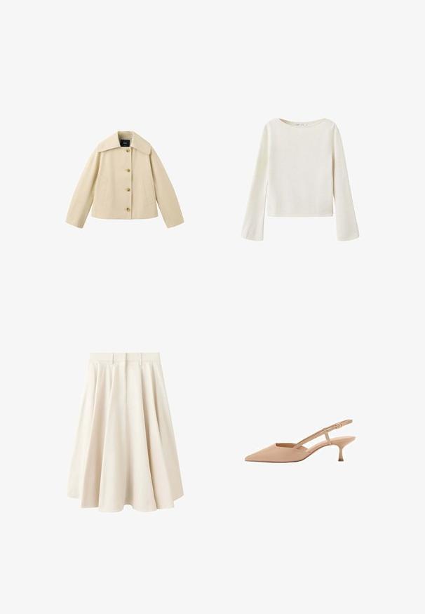 Chaqueta corta beige con cuello ancho, cuatro botones frontales y dos bolsillos laterales, mostrada sobre un fondo blanco.; Jersey de manga larga color blanco hueso con un amplio escote redondo y mangas ligeramente acampanadas, hecho de tejido de punto suave.; Falda beige de talle alto con línea en A, pliegues, trabillas para cinturón y acabado liso, que llega hasta media pantorrilla.; Zapatos de tacón bajo tipo slingback en color nude con punta afilada, hechos de un material brillante, que cuentan con una correa delgada con hebilla ajustable.