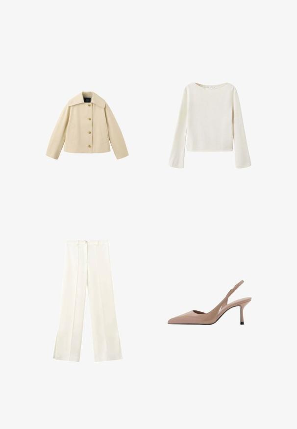 Beige cropped jasje met brede kraag, vier knopen aan de voorkant en twee zijzakken, getoond op een witte achtergrond.; Off-white trui met lange mouwen, brede ronde halslijn en licht uitlopende mouwen, gemaakt van zachte gebreide stof.; Witte wijde broek met hoge taille, voorste knoop, lussen voor een riem en zijnaden die doorlopen tot kleine splitjes aan de zoom.; Naakte slingback hakken met een spitse neus, een gladde textuur en een dunne stilettohak. Uitsnijdingen aan de zijkant geven een unieke uitstraling.
