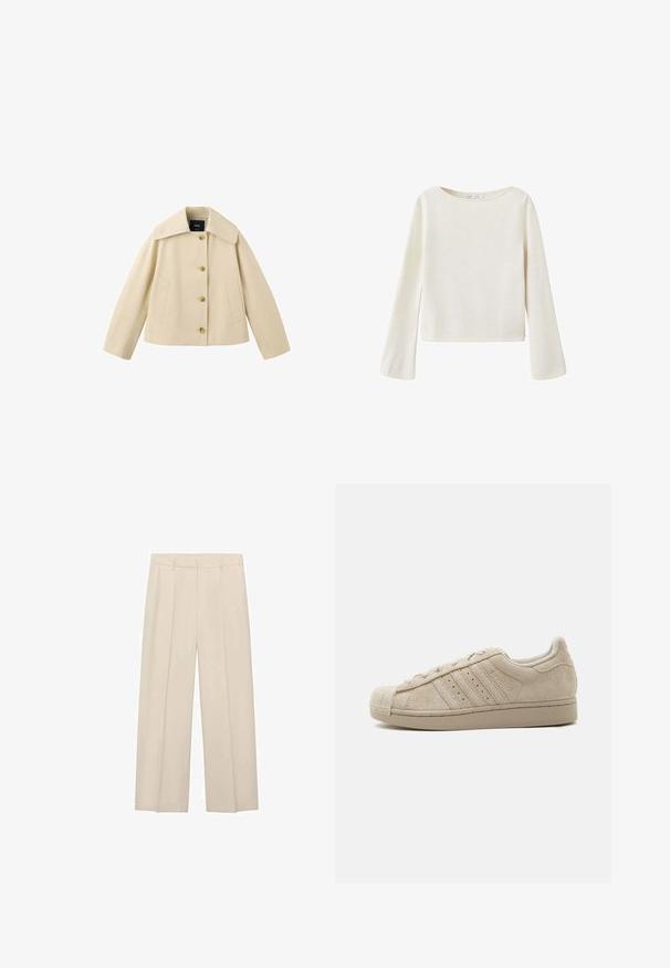 Chaqueta corta beige con cuello ancho, cuatro botones frontales y dos bolsillos laterales, mostrada sobre un fondo blanco.; Jersey de manga larga color blanco hueso con un amplio escote redondo y mangas ligeramente acampanadas, hecho de tejido de punto suave.; Pantalones de pierna ancha beige con una textura suave, dos pliegues frontales, una cintura ajustada y sin bolsillos visibles ni detalles de hardware.; Zapatilla baja beige de ante con puntera de goma, cierre de cordones y tres rayas laterales en suela plana.