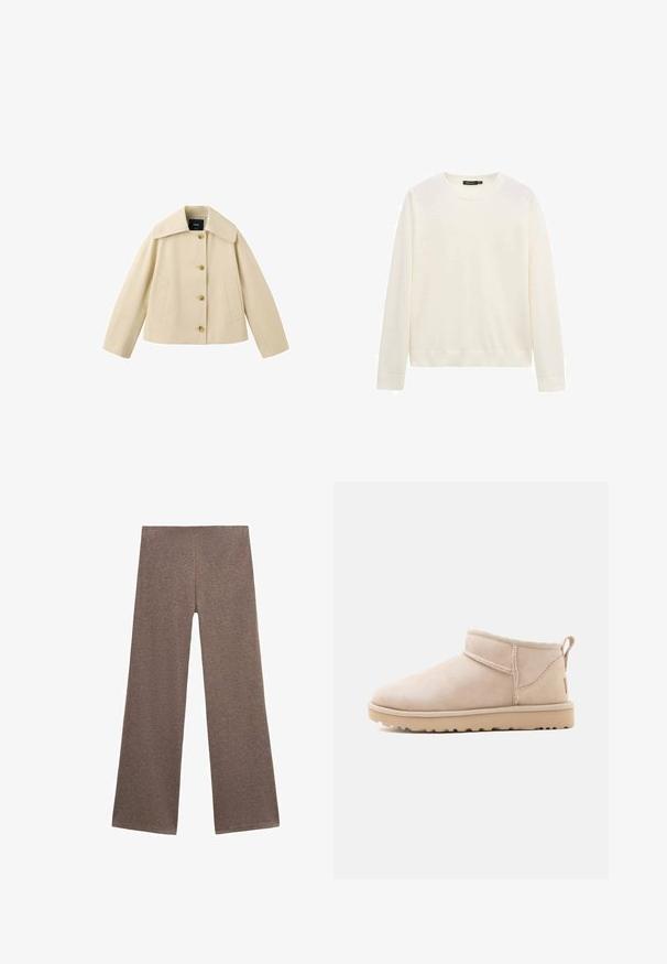 Veste courte beige avec col large, quatre boutons sur le devant et deux poches latérales, présentée sur fond blanc.; Pull blanc à col rond à manches longues avec poignets et ourlet côtelés, présenté sur un fond blanc uni.; Pantalons larges marron en tissu doux et texturé. Le design présente une taille haute et une coupe ample, idéale pour un look décontracté.; Bottine beige en daim avec semelle plate, coutures visibles et languette à l'arrière sur un fond blanc uni.