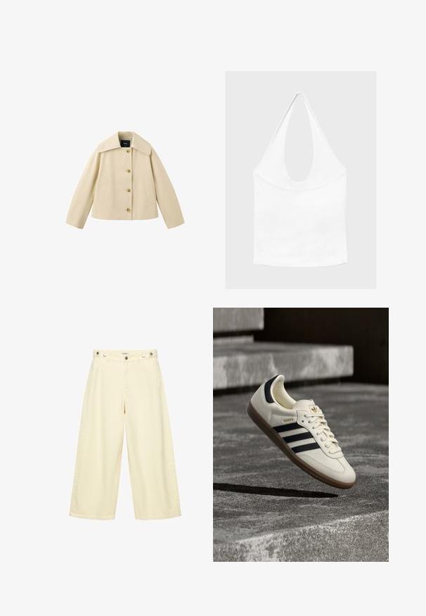 Veste courte beige avec col large, quatre boutons sur le devant et deux poches latérales, présentée sur fond blanc.; Haut blanc sans manches à encolure américaine, avec un profond col rond et une taille cintrée, présenté sur un fond clair et uni.; Pantalon large et court couleur beige clair avec fermeture à boutons et passants pour ceinture, en tissu lisse.; Baskets blanches Adidas Samba avec des bandes noires et une semelle en gomme, flottant au-dessus de marches en béton gris texturé.
