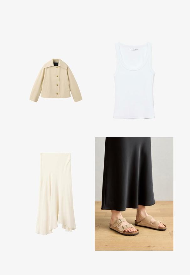 Beige cropped jasje met brede kraag, vier knopen aan de voorkant en twee zijzakken, getoond op een witte achtergrond.; Effen witte mouwloze tanktop met ronde hals, gemaakt van zachte stof, met een label aan de binnenkant van de kraag dat merk en maat aangeeft.; Crème kleurige vloeiende midirok met een asymmetrische zoom en een zachte stofval.; Lichtbruine suède sandalen met twee verstelbare gespbandjes, kurken voetbed en rubberen zool, gecombineerd met een zwarte maxi-jurk.