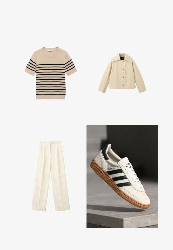 Beige cropped jasje met brede kraag, vier knopen aan de voorkant en twee zijzakken, getoond op een witte achtergrond.; Beige trui met korte mouwen en zwarte horizontale strepen, ronde halslijn en gebreide textuur. Eenvoudig, klassiek ontwerp zonder extra accenten.; Roomy ecru wijde broek met dunne verticale krijtstrepen, voorplooien, riemlussen en zijzakken.; Witte suède sneakers met marineblauwe strepen, rubberen gumzool, gestructureerde bovenkant, ronde neus en veters; heeft branding aan de zijkant en op de tong.