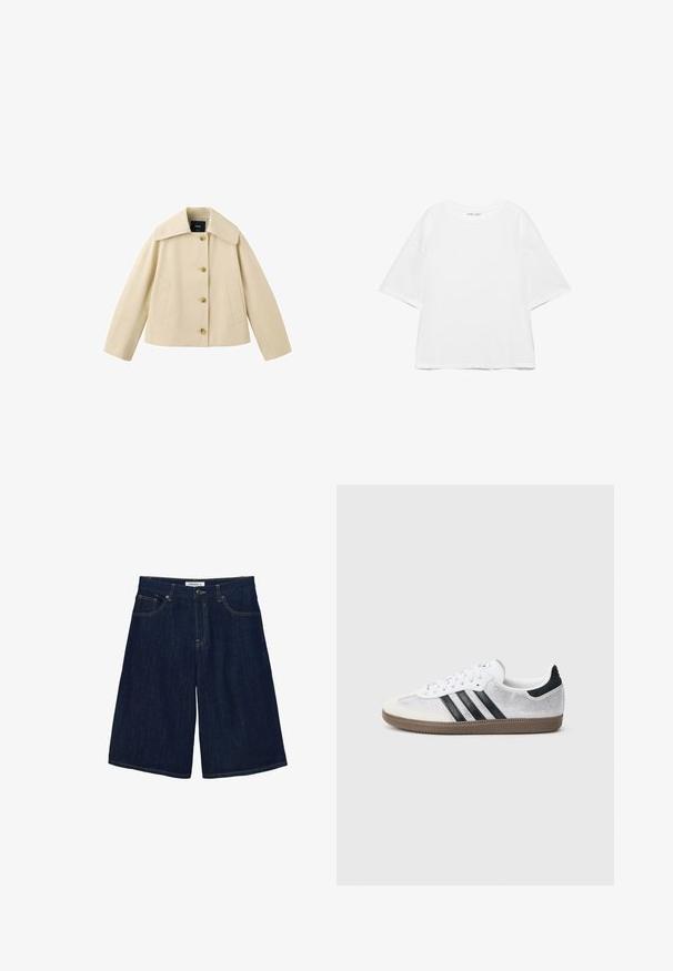 Beige cropped jasje met brede kraag, vier knopen aan de voorkant en twee zijzakken, getoond op een witte achtergrond.; Witte oversized T-shirt met korte mouwen, ronde hals, effen ontwerp en verzonken schoudernaden op een witte achtergrond.; Donkerblauwe denim korte broek tot op de knie met knoop- en ritssluiting, voor- en achterzakken, en contrasterende stiksels.; Witte mesh sneaker met zwarte strepen, beige suède neuskapje en hielaccent, gestructureerde rubberen zool en witte veters. Klassiek ontwerp met lage schacht.