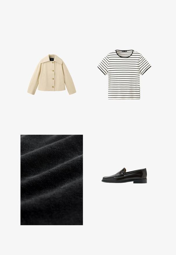 Veste courte beige avec col large, quatre boutons sur le devant et deux poches latérales, présentée sur fond blanc.; Chemise blanche à manches courtes avec fines rayures noires horizontales et un col rond noir.; Tissu noir avec une texture lisse et douce, présentant de subtiles plis horizontaux et un motif de tissage uniforme. Aucun motif ou accent visible.; Mocassin penny en cuir noir avec talon bas et détails cousus, présenté de côté sur un fond blanc.
