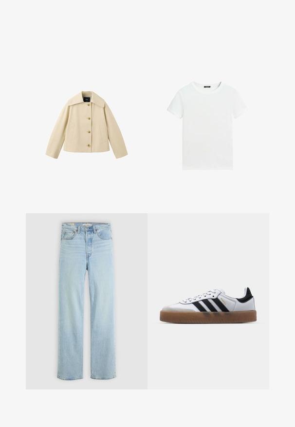 Beige cropped jasje met brede kraag, vier knopen aan de voorkant en twee zijzakken, getoond op een witte achtergrond.; Effen wit T-shirt met korte mouwen, een ronde hals en een klein zwart labeltje aan de binnenkant van de kraag.; Lichtblauwe denim jeans met een recht model, voorzien van vijf zakken, een klassieke ritsopening en zichtbare stikselaccenten.; Witte leren sneakers met zwarte strepen, gumrubberen buitenzool, ronde neus, vetersluiting en een zachte grijze suède neuskap.