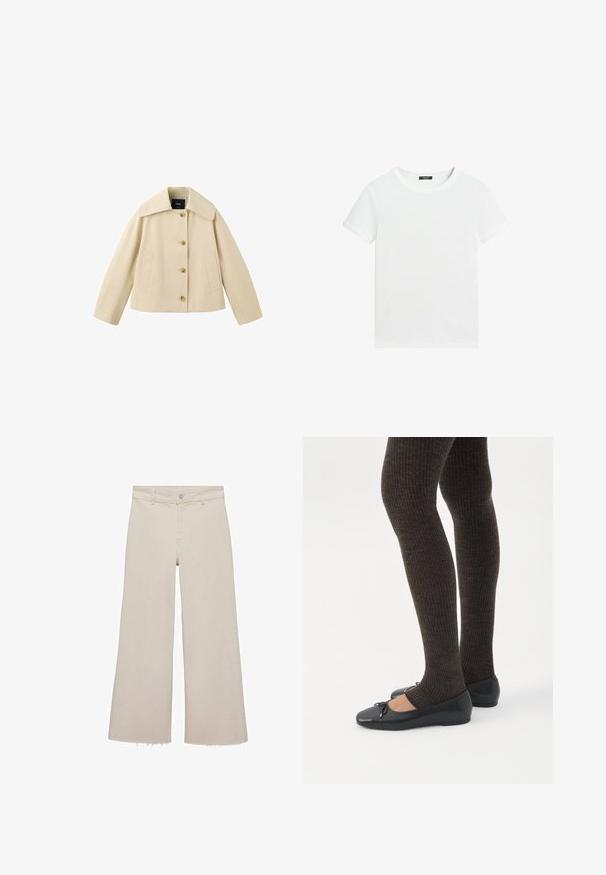 Veste courte beige avec col large, quatre boutons sur le devant et deux poches latérales, présentée sur fond blanc.; T-shirt blanc uni à manches courtes avec un col rond et une petite étiquette noire à l’intérieur du col.; Jeans beige à jambes larges avec taille haute, en tissu denim. Présente un ourlet brut en bas et une fermeture à boutons et à glissière à l'avant.; Jambes portant des leggings côtelés foncés associés à des ballerines noires avec de petits détails en nœud sur fond blanc.