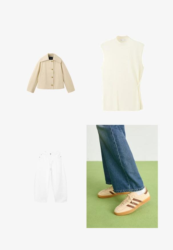 Beige kort jakke med bred krave, fire knapper foran og to sidelommer, vist på hvid baggrund.; Mango Top - off-white; Løse hvide denimjeans med knap- og lynlåslukning, bæltestropper og forlommer, vist på en ensfarvet baggrund.; Beige sneakers med teksturerede cremefarvede paneler og brune striber, parret med blå denim jeans. Jeansene har brede ben og en frynset kant.