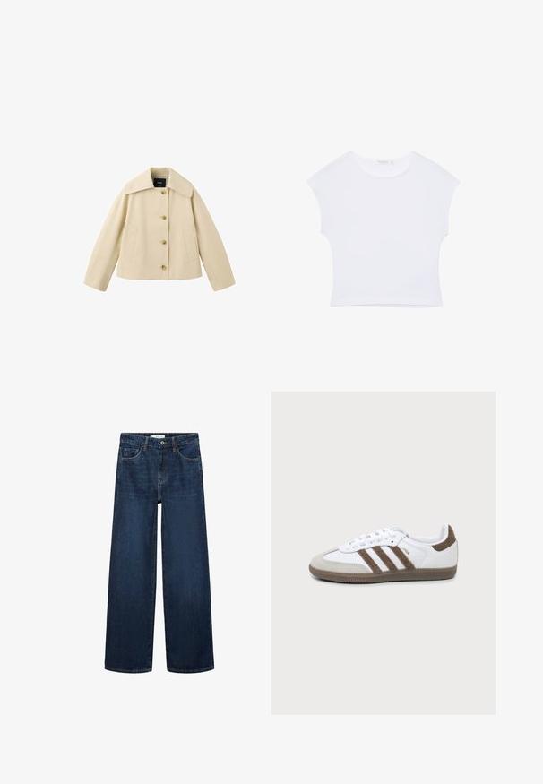 Beige, kurz geschnittene Jacke mit weitem Kragen, vier vorderen Knöpfen und zwei Seitentaschen, dargestellt auf weißem Hintergrund.; Weißes kurzärmeliges, bauchfreies T-Shirt mit rundem Ausschnitt aus glattem Stoff, flach auf einem weißen Hintergrund liegend.; Weite dunkelblaue Denim-Jeans mit hoher Taille, ausgestattet mit fünf Taschen und einer klassischen Knopfschließe. Glatte Textur und gerader Schnitt.; Weißer und brauner Adidas Samba Sneaker mit drei braunen Streifen, Schnürsenkeln und strukturierter Sohle, von der Seite auf einem einfarbigen Hintergrund gezeigt.