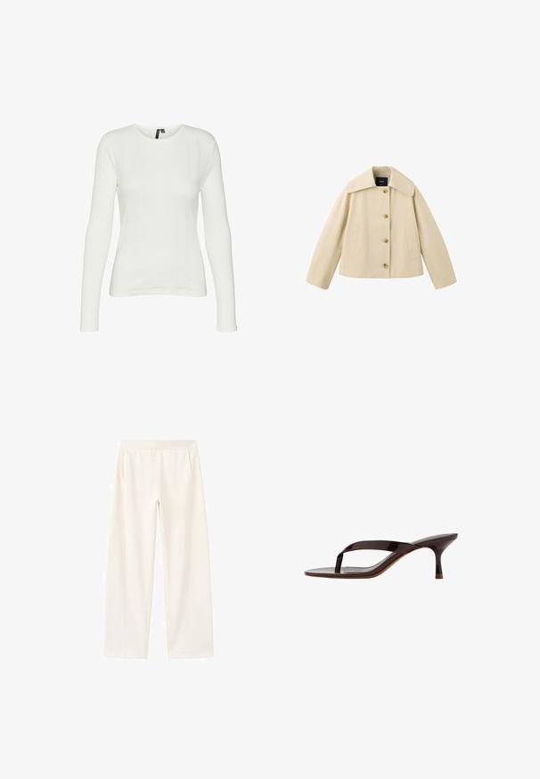 Beige kort jakke med bred krave, fire knapper foran og to sidelommer, vist på hvid baggrund.; Hvid langærmet skjorte med rund halsudskæring. Stoffet har et struktureret mønster med lodrette linjer og ribbede detaljer.; Off-white bukser med vide ben, elastisk taljebånd og sidelommer, lavet af et blødt og glat stof.; Sort laklæder sandal med tårem og en slank mellemhøj kittenhæl, vist fra siden på en hvid baggrund.