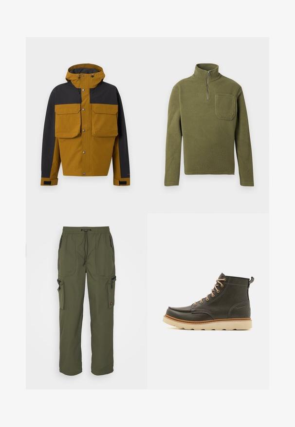 Tofarvet brun og sort hættetrøje med forreste trykknapper, store brystlommer med klapper og justerbare håndledsremme.; Oliven grøn fleece-pullover med halvlukket krave, lange ærmer og en brystlomme. Blød tekstur med et holdbart design.; Oliven grøn cargo bukser lavet af let materiale, med elastisk talje, snorelukning og flere lynlåslommer.; Mørkegrønne læder ankelstøvler med beige snørebånd, polstret krave og tekstureret gummisål. Har vandtætte markeringer og syninger.