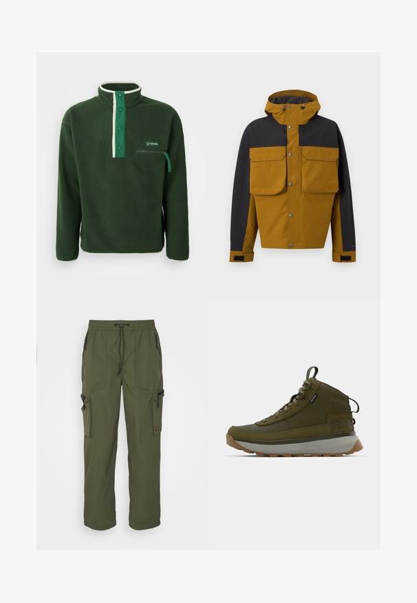Chaqueta con capucha bicolor en marrón y negro con botones a presión en la parte frontal, grandes bolsillos en el pecho con solapas y correas ajustables en las muñecas.; Polaire verde con cuello alto, que presenta una cremallera blanca en contraste, botones a presión y un bolsillo en el pecho con cremallera. Tejido texturizado.; Pantalones cargo verde oliva hechos de tela ligera, con una cintura elástica, cierre de cordón y múltiples bolsillos con cremallera.; Botas de trekking en verde oliva con un upper de ante texturizado, media suela gris, suela robusta y cordones reflectantes para una mayor visibilidad.