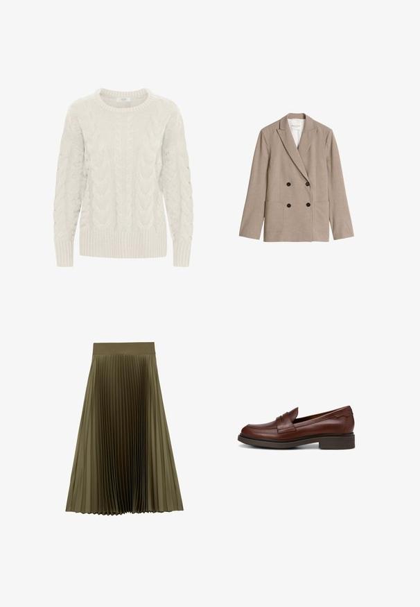 Blazer beige croisé avec revers crantés, quatre boutons foncés, deux poches plaquées sur le devant et une doublure intérieure blanche.; Pull en maille torsadée gris clair avec un col rond, des motifs texturés, et des poignets et un ourlet côtelés. Fabriqué en fil doux et épais.; Jupe midi plissée vert olive avec une large ceinture lisse et des plis étroits régulièrement espacés.; Mocassins en cuir marron avec un bout arrondi, des accents de coutures discrètes et un petit talon empilé. Texture lisse avec une finition polie.