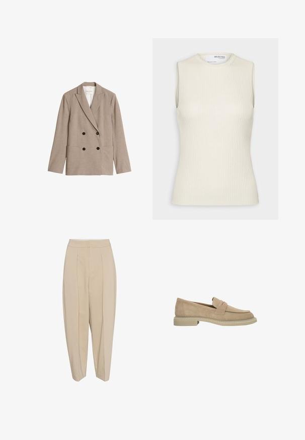 Beige double-breasted blazer met reverskraag, vier donkere knopen, twee opgestikte zakken aan de voorkant en een witte voering.; Selected Knitted Sleeveless - Top - birch; Beige op maat gemaakte broeken met een hoge taille, geplooide voorkant en taps toelopende pijpen. De stof lijkt glad met een subtiele glans. Geen zichtbare zakken.; Beige suède loafer met lage hak, afgeronde neus en banddetail over het bovenwerk, zijaanzicht op een witte achtergrond.