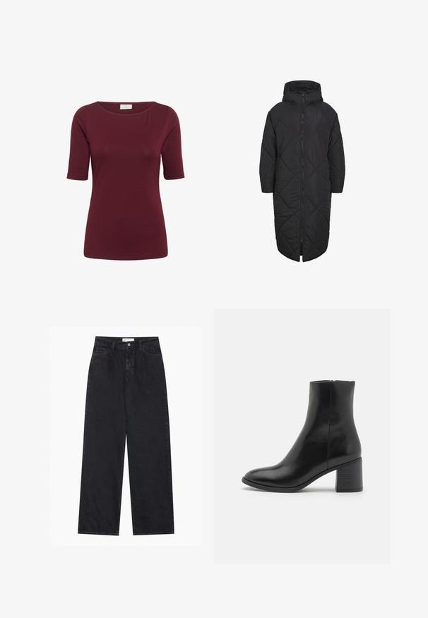 Manteau noir rembourré avec capuche, présentant une fermeture éclair sur toute la longueur et un motif quilté en losanges. Fabriqué en matériau doux et léger.; Kaffe KAYOKO BOATNECK - T-shirt basique - zinfandel; Jeans en denim noirs taille haute à jambes larges avec fermeture à bouton et zip à l'avant, passants de ceinture et style à cinq poches.; Bottine en cuir noir avec un bout arrondi, un talon bloc de hauteur moyenne et une finition lisse. Dotée d'une fermeture éclair discrète sur le côté.