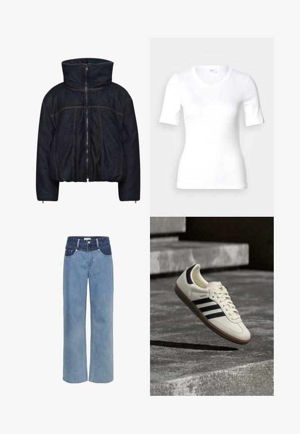 Gestuz RINOVA PUFFER - Zimná bunda - dark blue unwashed; Biele tričko s krátkym rukávom z hladkej bavlny, s okrúhlym výstrihom a priliehavým strihom. Klasický dizajn bez vzorov či akcentov.; Svetlomodré riflové nohavice s širokými nohavicami, vysokým pásom, piatimi vreckami a kontrastným tmavomodrým záplatou vpredu.; Biela teniska Adidas Samba s čiernymi pruhmi a gumovou podrážkou, vznášajúca sa nad textúrovanými sivými betónovými schodmi.