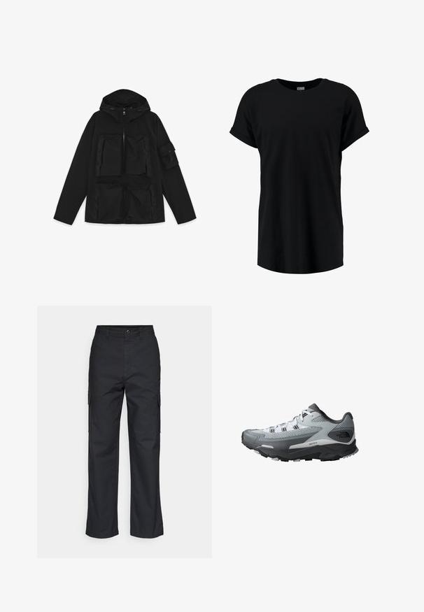 Sort hættejakke med frontlynlås, fire store klaplommer og en knaplukket lomme på venstre ærme, lagt fladt på en hvid baggrund.; Sort kortærmet t-shirt i en afslappet pasform. Fremstillet af blødt stof med rund halsudskæring og oprullede ærmer. Glat tekstur, uden mønstre.; Sorte cargo bukser med lige ben i designet, der har sidelommer og et tekstureret stof. Knaplukning i taljen for en sikker pasform.; Trail running sko med en grå og sort farveskema, mesh-overdel, robust sål og strukturerede accenter for bedre greb.