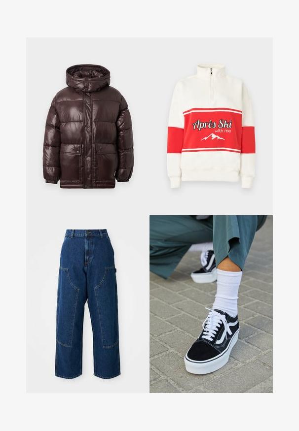 Brun pufjakke med en skinnende overflade, høj krave, trykknapper og to forlommer. Har en hætte og elastiske manchetter.; Hvid sweatshirt med høj krave, med røde vandrette striber og teksten "Apres Ski with me" samt en bjerggrafik i hvid.; Mørk denim bredbenede jeans med høj talje, der har store forlommer og kontrastsyninger. Stoffet har en let struktur.; Sorte ruskinds sneakers med hvide accenter og snørebånd, der har en tyk hvid sål og kontrasterende syninger, parret med en hvid sok.