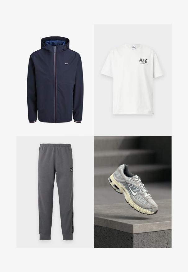 Tumesinine kapuutsiga jakk ees lukk, elastsete mansettide ja triibulise äärisega ning väike logo vasaku rinna ülaosas.; Valge lühikeste varrukatega T-särk musta "ACG" logoga ja tekstiga "FOR OUTDOOR USE" ülemisel vasakul rinnal.; Hallid hallid dressipüksid, mis on valmistatud pehmest kangast, elastse vöökoha, kitsenevate jalgade, külgpaneelide ja ümmarguse logo plaastri abil.; Hall ja valge Nike jooksujalats, millel on polsterdatud tald, hõljumas betoonastme kohal väljas.