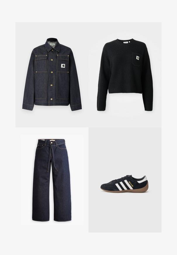 Mørk denimjakke med lange ærmer, gyldne knapper, to brystlommer og et hvidt logoemblem på venstre side. Straight-cut design.; Sort ribbenstrikket sweater med rund hals, lange ærmer og en frontlomme med et lille logo patch. Forkortet længde.; Bredde ben mørkeblå denim jeans med høj talje, der har snoretræk, fem lommer og kontrastsyet detaljer.; Sort ruskindssneaker med tre hvide striber, gummisål og et lille gyldent logo på siden. Har en glat sort foring indvendigt.