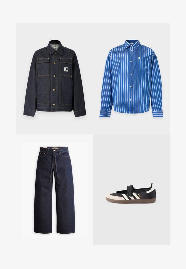 Donker denim jack met lange mouwen, gouden knopen, twee borstzakken en een wit logopatch aan de linkerkant. Recht gesneden design.; Blauw overhemd met witte verticale strepen en een klein borstzakje, weergegeven op een effen lichte achtergrond.; Wijd pijpjes donkerblauwe denim jeans met een hoge taille, voorzien van een trekkoord, vijf zakken en contrasterende stiksels.; Zwart-beige sneaker met een klittenbandsluiting, drie witte strepen aan de zijkant en een getextureerde bruine rubberen zool. Merkembleem zichtbaar.