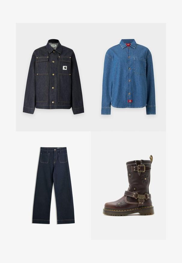 Mørk denimjakke med lange ærmer, gyldne knapper, to brystlommer og et hvidt logoemblem på venstre side. Straight-cut design.; Blå langærmet denimskjorte med knapper foran, en brystlomme på venstre side og et rødt logomærke i bunden af skørtet.; Mørkeblå vide jeans lavet af denim med kontrasterende beige syninger, to baglommer og en knaplukning i taljen.; Brun læderstøvle til midt på læggen med præget blomstermønster, to justerbare messing spænder, gul syning og robust sål.