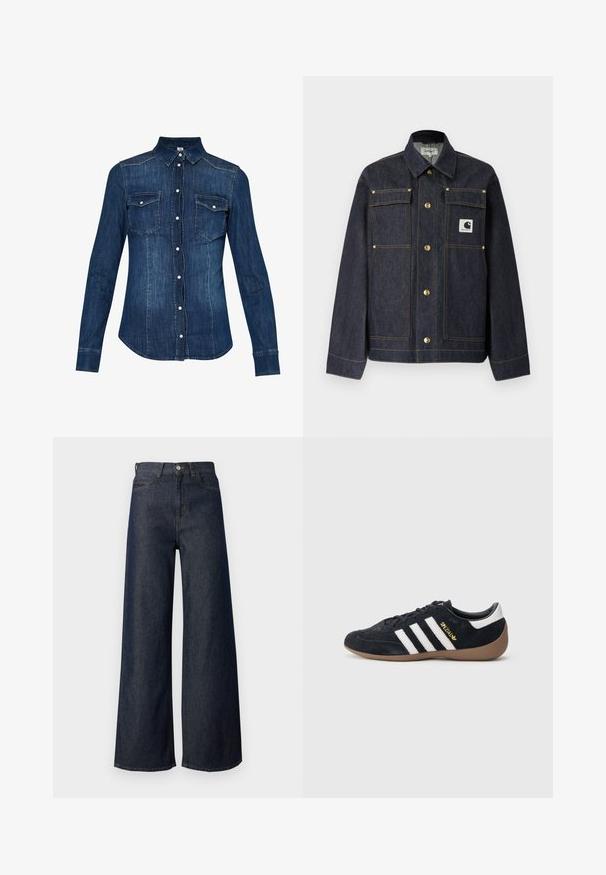 Veste en denim foncé à manches longues, boutons dorés, deux poches poitrine, et un patch logo blanc sur le côté gauche. Coupe droite.; Chemise en denim bleu foncé, avec une fermeture à boutons à l'avant, un col pointu et deux poches sur la poitrine avec rabat. Manches longues avec poignets boutonnés.; Jean en denim foncé à jambes larges avec une taille haute, doté d'un design à cinq poches, de surpiqûres dorées et d'un détail bouton en métal. Texture lisse dans l'ensemble.; Baskets en daim noir avec trois bandes blanches, semelle en caoutchouc beige, et un petit logo doré sur le côté. Dotées d'une doublure intérieure noire lisse.