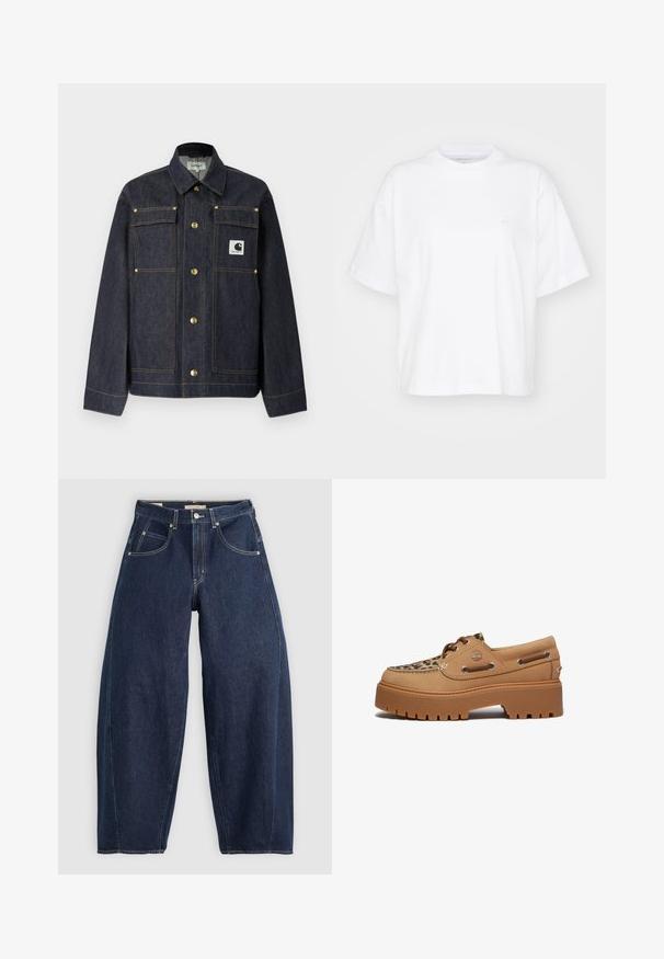 Veste en denim foncé à manches longues, boutons dorés, deux poches poitrine, et un patch logo blanc sur le côté gauche. Coupe droite.; T-shirt en coton blanc avec un col rond, des manches courtes et une coupe décontractée. Présente un logo discret sur la zone gauche de la poitrine. Texture lisse.; Jean en denim bleu foncé, à coupe ample, avec des coutures claires, cinq poches et un bouton de fermeture à la taille.; Timberland STONE STREET - Chaussures bateau - medium beige