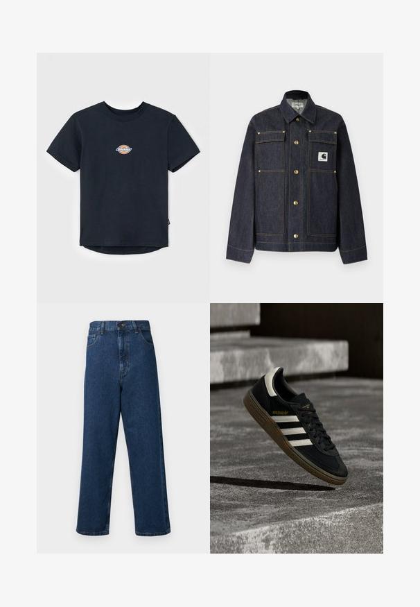 Mørk denimjakke med lange ærmer, gyldne knapper, to brystlommer og et hvidt logoemblem på venstre side. Straight-cut design.; Sort bomulds t-shirt med korte ærmer, rund hals og et lille flerfarvet logo på brystet. Lige kant med en let længere ryg.; Høj talje blå denim jeans med bred ben-design, som har fem lommer, en frontknaplukning og syet detaljer langs sømmene.; Sort Adidas-sneaker med hvide striber og gummisåler, svævende over grå betontrapper i naturligt lys.