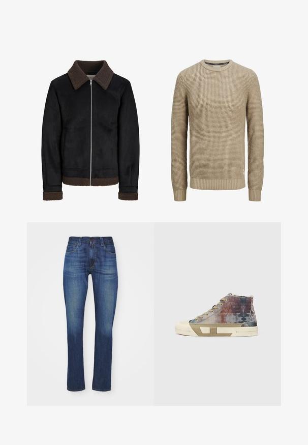 Zwarte jas met een bruine schapenvachtkraag en manchetten, ritssluiting en twee zijzakken, gemaakt van een glad materiaal met een matte afwerking.; Beige gebreide trui met lange mouwen en een textuur van wafelpatroon, ronde halslijn en geribbelde manchetten en zoom.; Donkerblauwe spijkerbroeken in slim fit met een klassiek vijf-pocket ontwerp, voorzien van een ritssluiting en knoopsluiting, en lichte vervaging.; High-top sneakers met een meerkleurig canvas bovenwerk met vervaagde patronen, beige zool en een minimalistisch ontwerp. Blootgestelde stiksels en accenten.