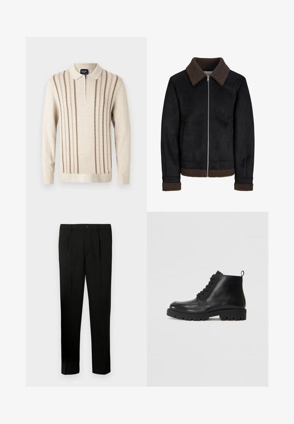 Veste noire avec un col et des poignets en laine retournée marron, fermeture éclair et deux poches latérales, fabriquée en matériau lisse avec une finition mate.; Pull en tricot zippé beige avec des rayures verticales marron, un col et des manches longues. Texture douce avec une coupe décontractée.; Pantalon noir ajusté avec un devant plat, deux plis, une fermeture à bouton, des poches latérales et une coupe droite. Fabriqué à partir d'un tissu lisse.; Bottines en cuir noir à bout rond, avec des lacets à l'avant et une semelle en caoutchouc texturée. Comprend une languette à l'arrière pour un enfilage facile.