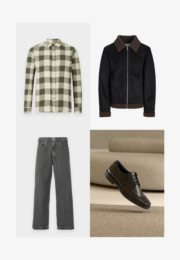 Zwarte jas met een bruine schapenvachtkraag en manchetten, ritssluiting en twee zijzakken, gemaakt van een glad materiaal met een matte afwerking.; Lange mouwen shirt in een groen en crème checkpatroon, gemaakt van lichte stof, met een button-down kraag en knopen aan de voorkant.; Grijze denim jeans met een rechte pijp, vijf zakken en een knoopsluiting. Heeft subtiele slijtageplekken en een licht versleten textuur.; Zwarte leren veterschoen voor nette kleding zwevend boven een gestructureerd beige tapijt met een bijpassende beige bank op de achtergrond.