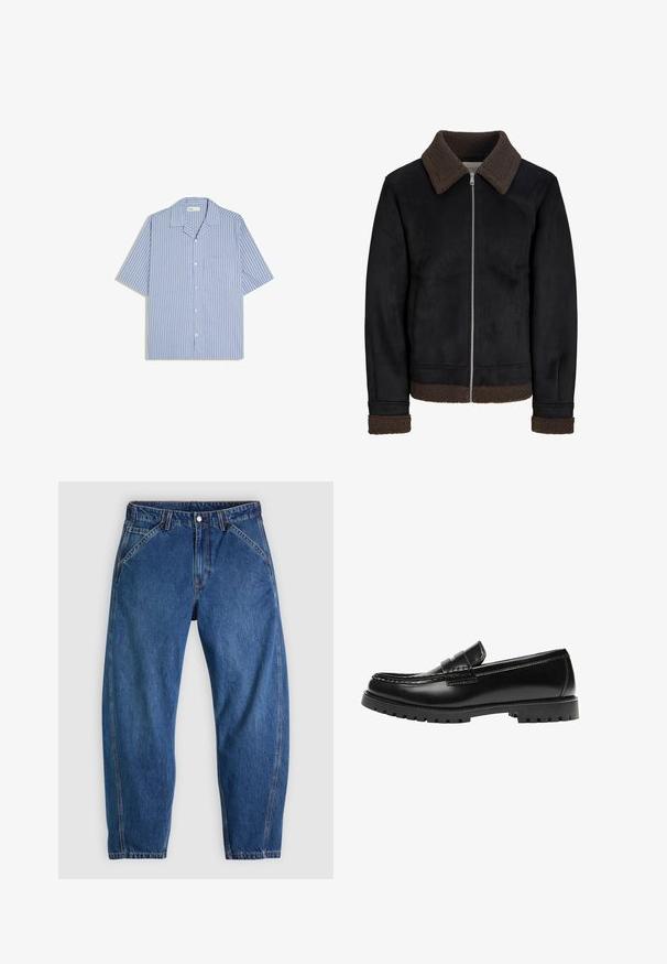 Veste noire avec un col et des poignets en laine retournée marron, fermeture éclair et deux poches latérales, fabriquée en matériau lisse avec une finition mate.; Chemise bleu clair à manches courtes avec boutons, rayures verticales noires et poche poitrine, posée à plat sur fond blanc.; Jean en denim bleu à coupe décontractée, doté d'une fermeture à boutons, de cinq poches et de surpiqûres orange contrastantes. Texture lisse sur toute la surface.; Mocassin en cuir noir avec une semelle en caoutchouc épaisse et un détail classique de bride à monnaie, vu de côté extérieur.