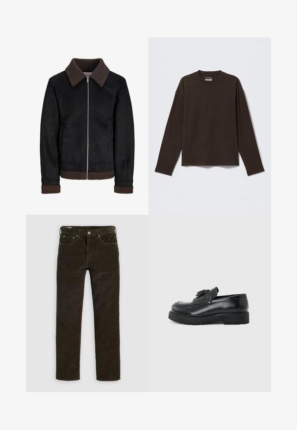 Schwarze Jacke mit braunem Lammfellkragen und -manschetten, Reißverschluss und zwei Seitentaschen, aus einem glatten Material mit mattem Finish.; Dunkelbraunes Langarmshirt mit Rundhalsausschnitt und geradem Saum, flach auf einem hellgrauen Hintergrund liegend.; Braune Cordhosen mit geradem Bein, fünf Taschen, sichtbaren Nähten und einer strukturierten Stoffoberfläche. Metallknopfverschluss hinten.; Schwarzer Leder-Slipper mit Quasten, dicke Gummisohle und niedrigem Absatz, im Seitenprofil vor einem einfarbigen Hintergrund gezeigt.