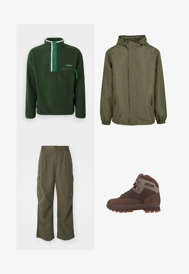 Chaqueta ligera color verde oliva con capucha forrada de malla, cremallera frontal completa, dos bolsillos laterales, puños elásticos y un corte simple y recto.; Polaire verde con cuello alto, que presenta una cremallera blanca en contraste, botones a presión y un bolsillo en el pecho con cremallera. Tejido texturizado.; Pantalones cargo en verde oliva, fabricados en algodón, con un diseño de pierna ancha, pliegues y bolsillos laterales para mayor utilidad.; Botas de senderismo marrones de corte medio con un exterior de gamuza texturizada y tejido, suela de goma, cordones y ojetes de metal; presenta un logo en el lateral.